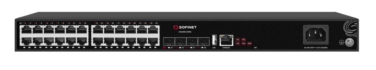 SOFINET SFN2200-24P4X - Коммутатор доступа L2+, 24x10/100/1000Мб RJ45, 4x1/10Гб SFP+, PoE 380Вт